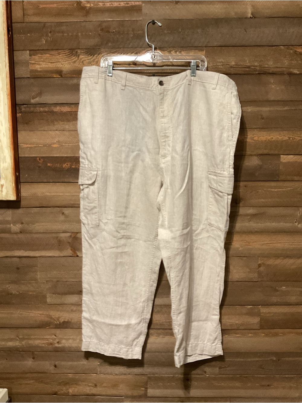 Caribbean Mens 100% Linen Cargo Pants 48x30 Oatmeal Beige Straight Leg Casual